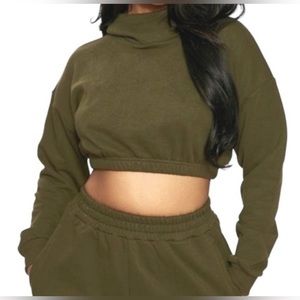 Naked Wardrobe French Terry Crop Hoodie Olive Green Small